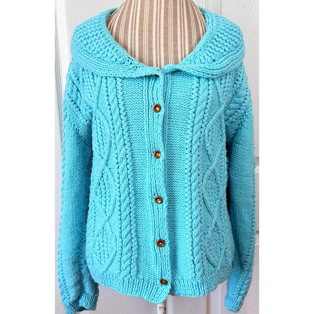 Vintage Hand Knit Blue Acrylic Cable Knit Cardigan Sweater Shawl Collar L/XL